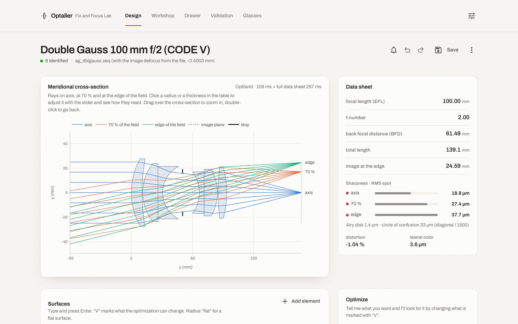 The design bench: cross-section with rays, data sheet and surface table