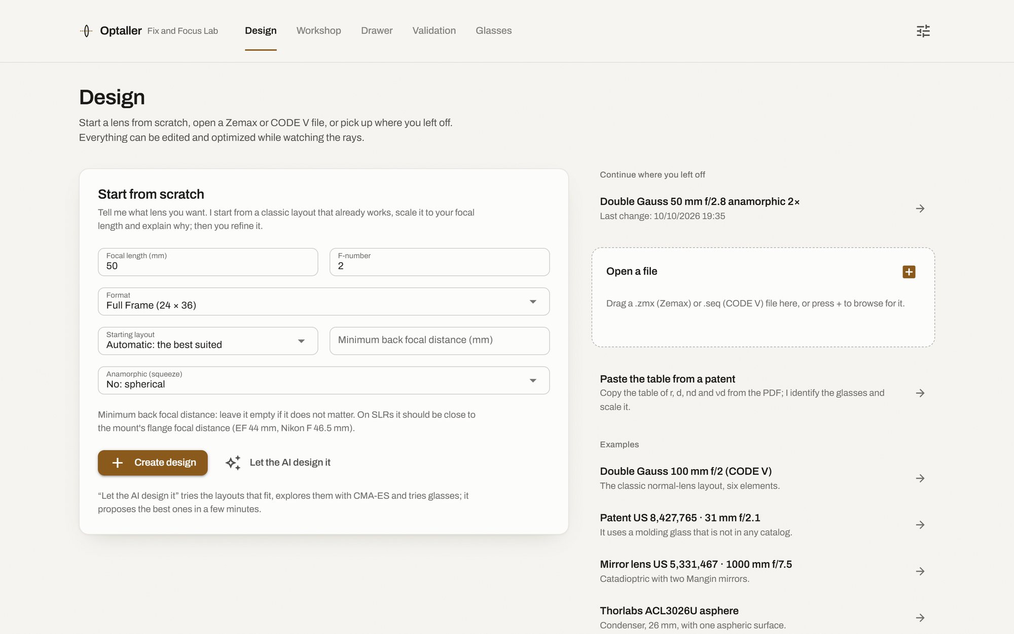 Start screen: start from scratch, open a file or paste a patent table