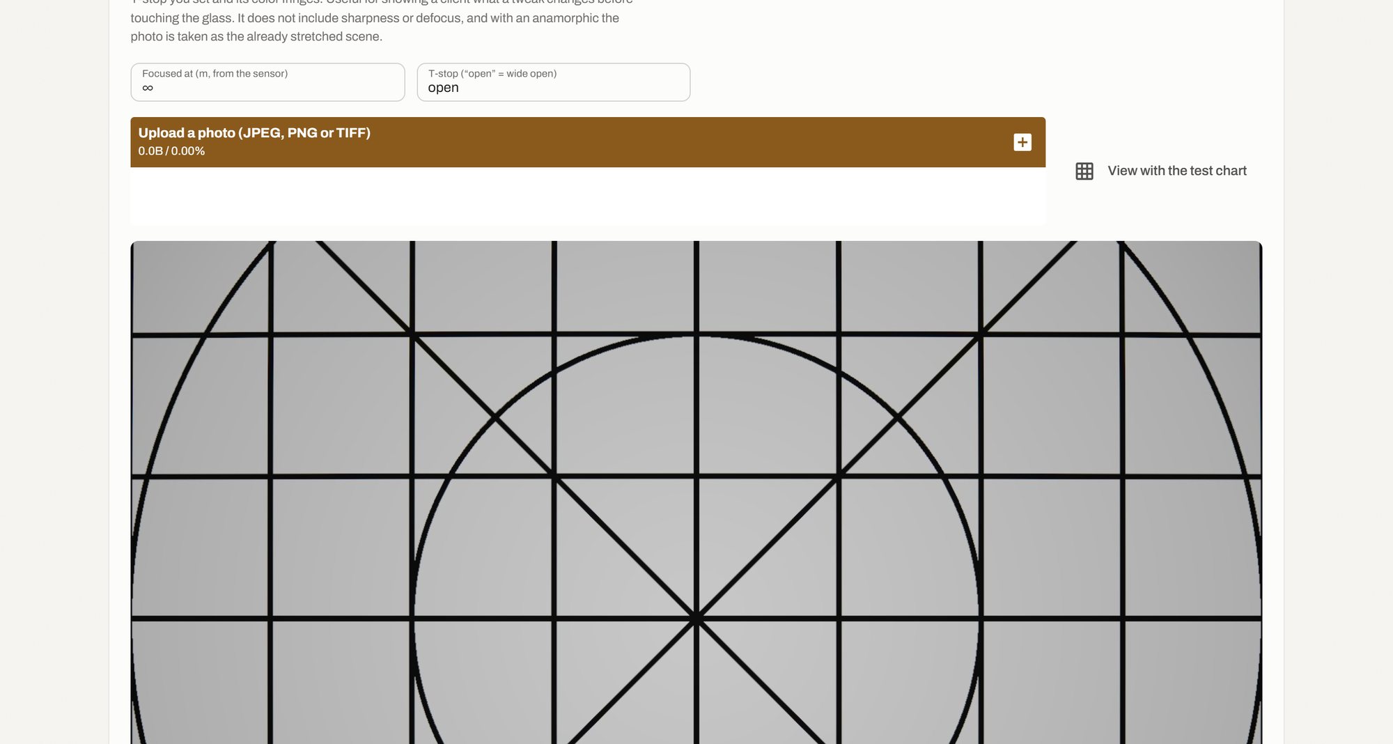 Preview of a test chart through the lens: distortion, shading and lateral color